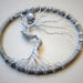 Handmade art featuring a silver tree with twisted roots and branches inside a circular rustic frame, topped with a pearl-bodied owl charm.